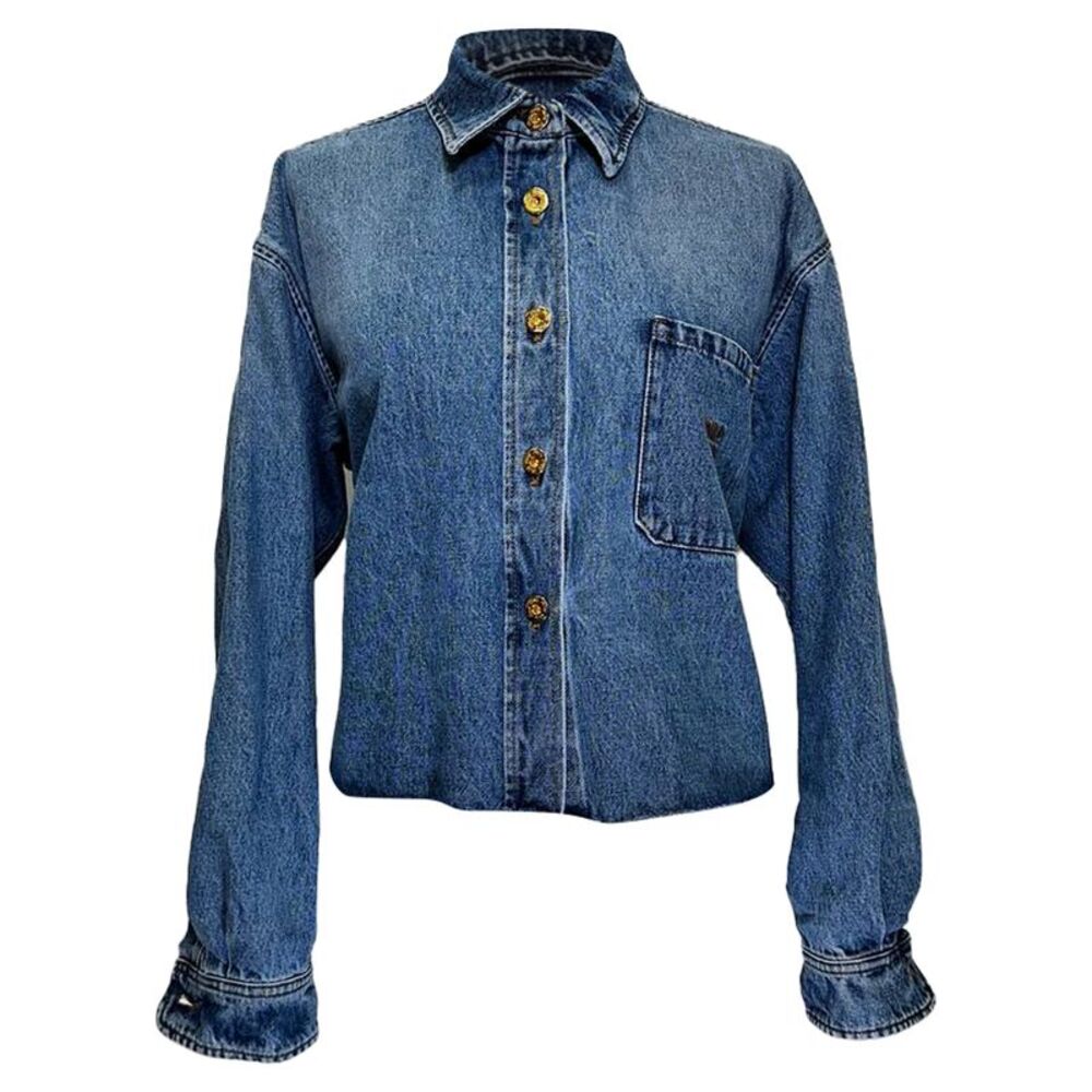 Miu Miu Cropped Raw Hem Shirt in Light Blue Denim